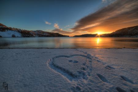 挪威，挪威，湖，日落，山，雪，冬天