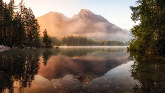 山，湖，早晨，雾，树，水，光滑的表面
