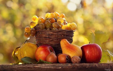 水果，坚果，苹果，梨，葡萄，静物，水果