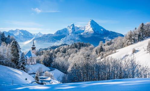 阿尔卑斯山，山，冬天，雪，森林，树木，教会