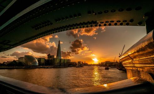日落，桥，太阳，河，伦敦