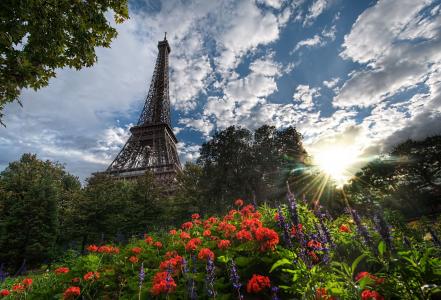 艾菲尔铁塔，艾菲尔铁塔，巴黎，法国，巴黎，法国，鲜花，云彩