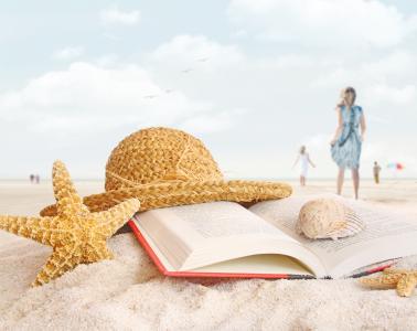 书，沙滩，沙滩，帽子，海星，贝壳