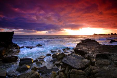 日落，海，岩石，景观