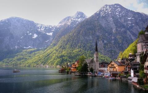 奥地利，山，教堂，湖，房屋，奥地利