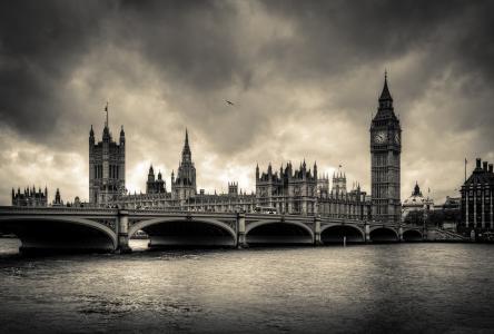 伦敦，泰晤士河，桥，大笨钟，阴，黑色和白色