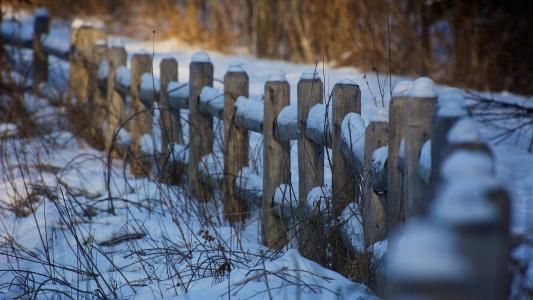 栅栏，篱笆，冬天，雪，草