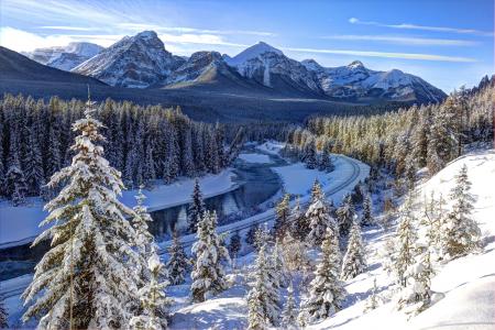 冬天，河流，山脉，树木，铁路，弓河，加拿大，景观