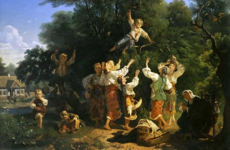 1858年，Ivan SOKOLOV，在地主花园收集樱桃，布面油画，儿童，房屋，女孩，祖母