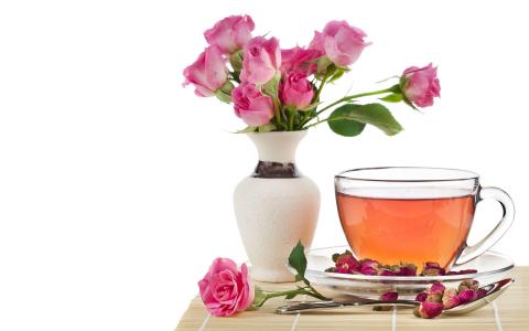 茶，玫瑰，花瓶，花蕾，杯子，勺子