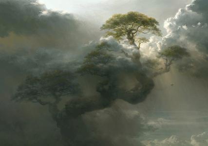 巨人，树，高度，艺术，云