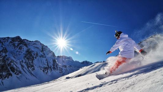 滑雪板，太阳，山，滑雪板，雪