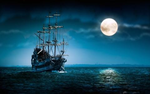 帆船，海，夜，满月