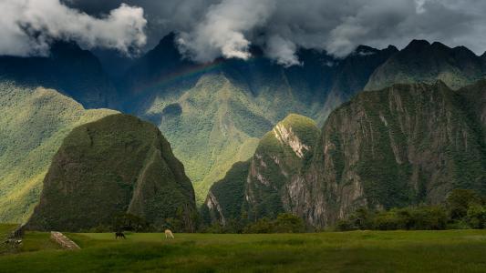 马丘比丘，秘鲁，秘鲁，废墟，古代，城市，天空，彩虹，山，景观，全景，视图，旅行，草，草坪，动物，美洲驼，大自然
