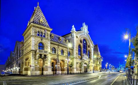 大市场大厅，布达佩斯布达佩斯，城市，匈牙利，建筑，晚上，建筑，路，灯，照明