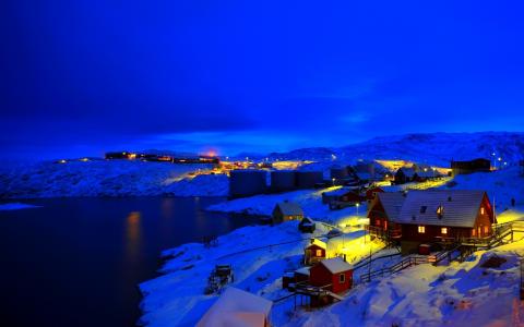 挪威，晚上，灯，村，海，水，冬天，雪，自然，景观