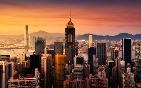 香港，摩天大楼，海湾，日落，香港，建筑物