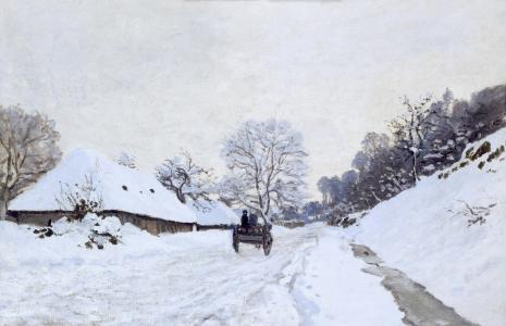 克劳德莫奈，绘画，雪，冬天，在积雪覆盖的道路上的车和农场圣西蒙，景观