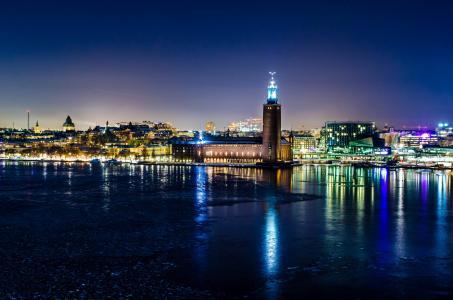 瑞典，斯德哥尔摩，冬天，晚上，市政厅，灯光，倒影
