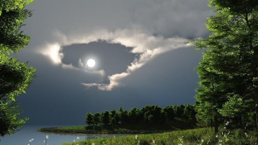 夜，月亮，云，森林，河流