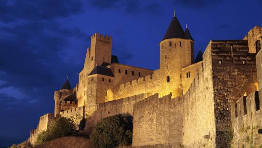 卡尔卡松，法国，天空，夜晚，山，城堡，墙壁，塔，照明，照明，晚上，建筑物，城市