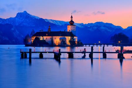 格蒙登，奥地利，湖，水，山，雪，晚上，晚上，教堂，光，自然，景观