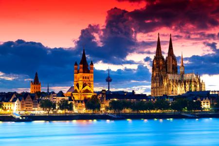 科隆大教堂，德国，河流，云彩