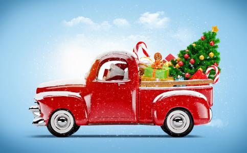 汽车，卡车，圣诞老人，圣诞树，礼物