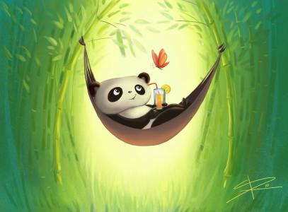 绘画，休息，熊猫，竹，吊床