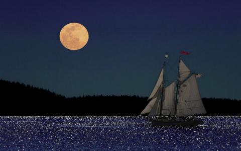 月亮，湖，帆船，晚上