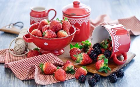 黑莓，餐具，夏天，浆果，草莓
