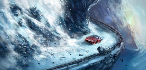 路，雪崩，雪，红色的车