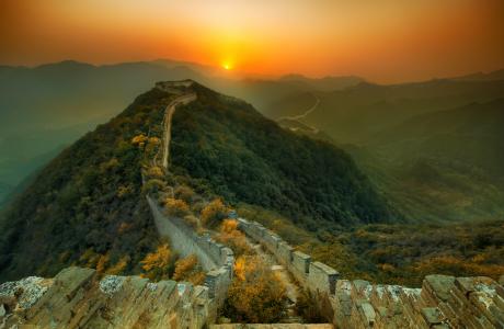 雾，伟大，墙，中国，日落