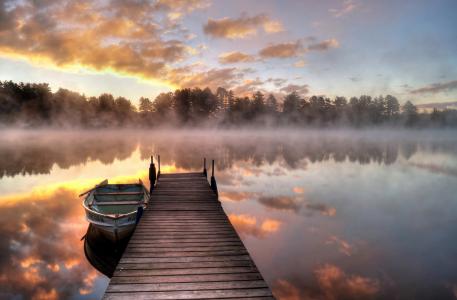 船，早晨，雾，湖，桥