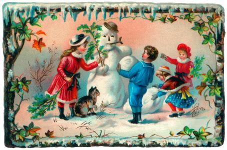 孩子，女孩，男孩，猫，雪人，冬天，明信片
