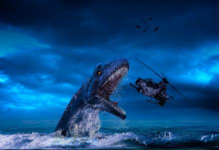 海洋恐龙，直升机，幻想