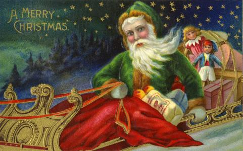 圣诞老人，圣诞老人，雪橇，礼品，玩具，明星，明信片