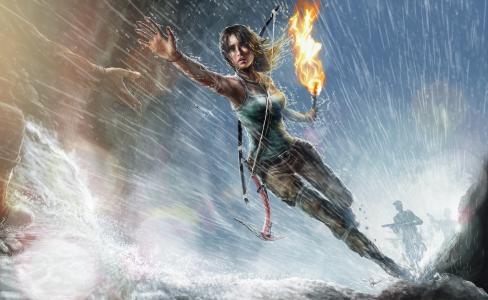 Lara Croft，古墓丽影，古墓丽影，艺术，雨，火炬