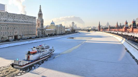 莫斯科，莫斯科，城市，河流，门廊，冬天