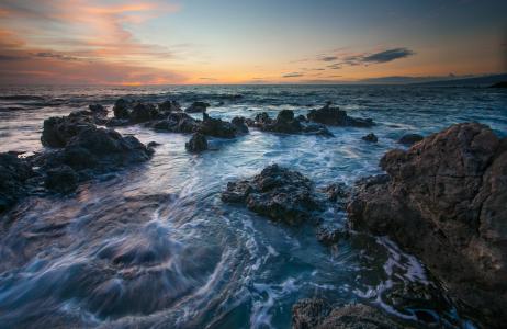 夏威夷，夏威夷，海，石头，日落，©Benjamin Torode