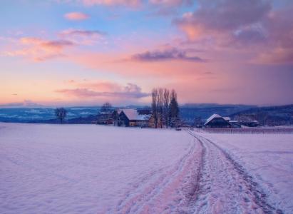 瑞士，瑞士，雪，路，村，景观，冬季