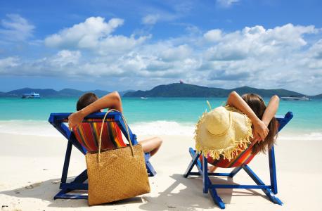 度假，夏天，夫妇，男人，女人，椅子，袋，帽子，海滩，海，小船，游艇，岛，热带地区