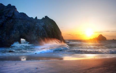 海洋，日落，岸，石头，美国，加利福尼亚州