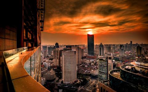 中国，上海，城市，日落，建筑物，摩天大楼，晚上