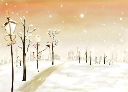 雪，冬天，绘图，新的一年，灯笼