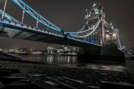 伦敦，晚上，河流，桥梁，灯光