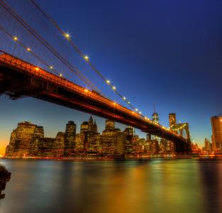 布鲁克林大桥，纽约，城市，夜晚，灯光，布鲁克林，布鲁克林大桥，纽约市，美国