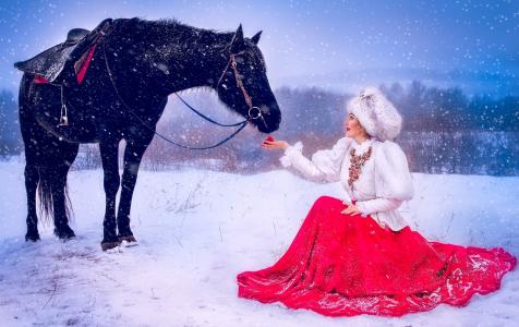 女孩，衣服，马，马，冬天，雪