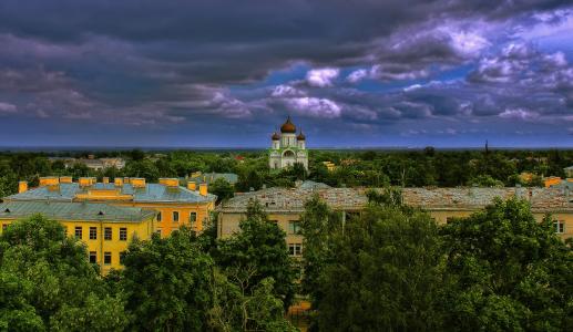 普希金，俄罗斯圣彼得堡，凯瑟琳大教堂，建筑物，树木，云彩，全景