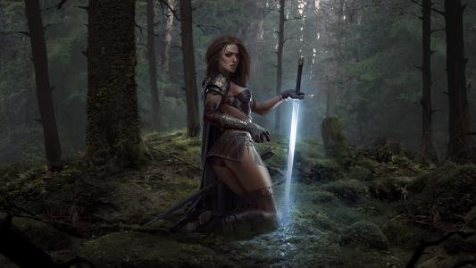 战士，女孩，盔甲，靴子，剑，森林，树木，幻想